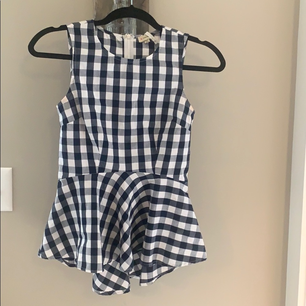 Cremieux XS navy and white gingham peplum top